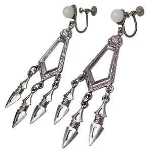 Vintage 1930s Czechoslovakia Art Deco Silver Tone Chandelier Screw Back Earrings